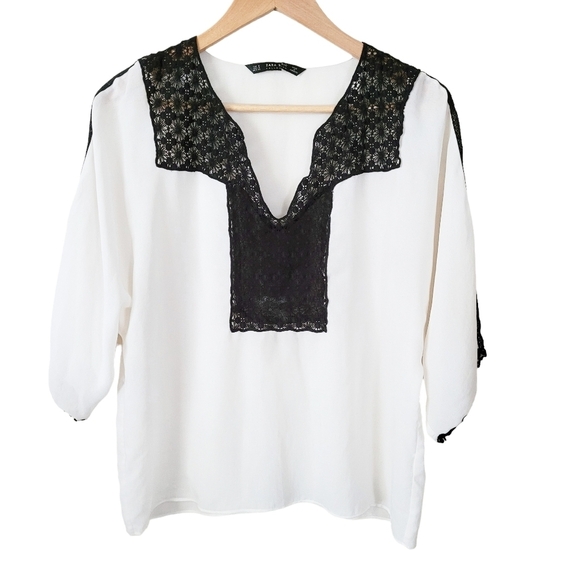 Zara Basic Collection White Lace Trim Relaxed Fit Blouse Top Small - Picture 3 of 6